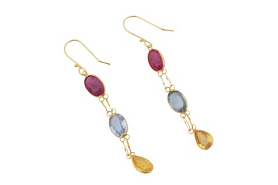 Lot 147 - A pair of coloured sapphire pendent earrings