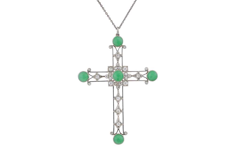 Lot 21 - A jade and diamond cross pendant necklace