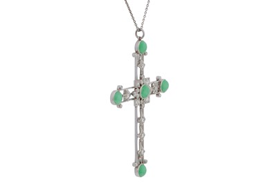 Lot 21 - A jade and diamond cross pendant necklace