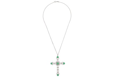 Lot 21 - A jade and diamond cross pendant necklace