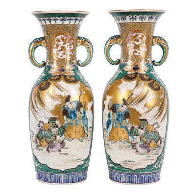 Lot 114 - A pair of Japanese Kutani 'Samurai' vases, 20th century