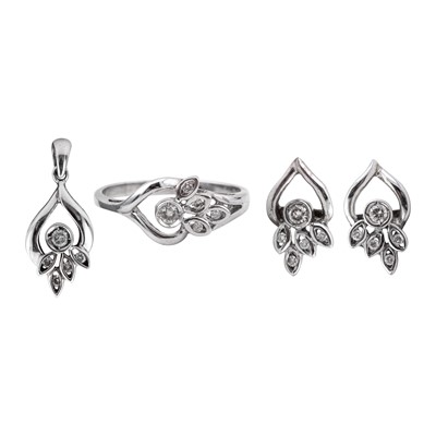 Lot 395 - A ring, pendant, and earrings diamond suite