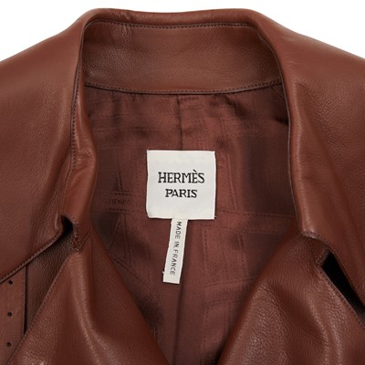 Lot 116 - Hermes Brown Leather Trench Coat - Size 38