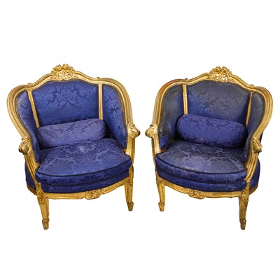 Lot 334 - A pair of Louis XV style bergere armchairs