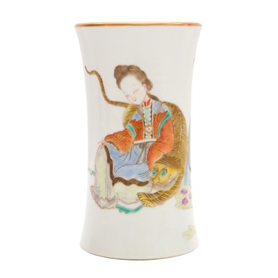 Lot 171 - A Chinese famille-rose 'lady and tiger' brush pot, 20th century