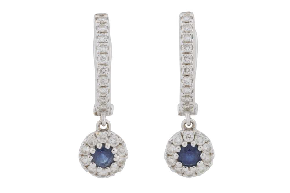 Lot 72 - A pair of sapphire and diamond pendant earrings, circa 2019
