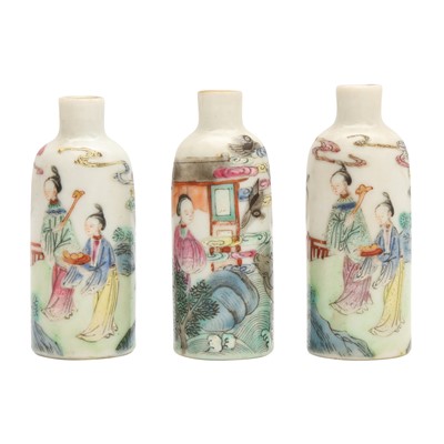 Lot 327 - Three Chinese famille-rose 'figural' snuff bottles, Qing dynasty, 19th century