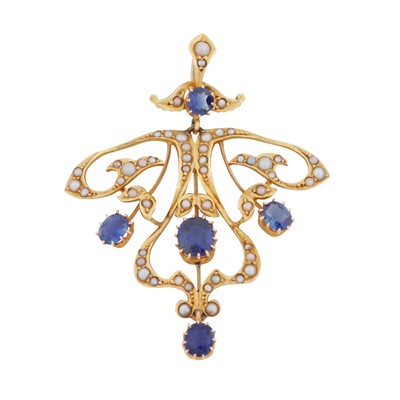 Lot 65 - A sapphire and seed pearl pendant