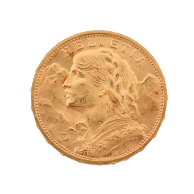 Lot 463 - A Swiss Hevetia 20 Francs Coin