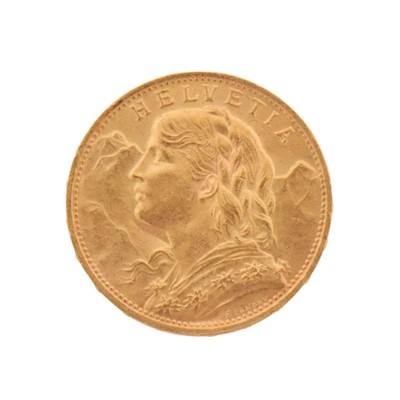 Lot 462 - A Swiss Helvetia 20 Francs coin