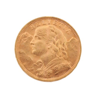 Lot 460 - A Swiss Helvetia 20 Francs Coin