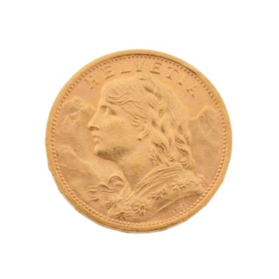Lot 461 - A Swiss Helvetia 20 Francs Coin