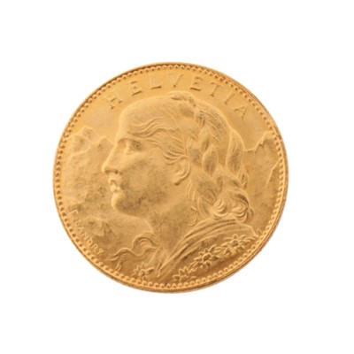 Lot 450 - A Swiss Helvetia 10 Francs coin