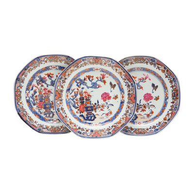 Lot 456 - Three Chinese export famille-rose octagonal dishes, Qing dynasty, 18th century