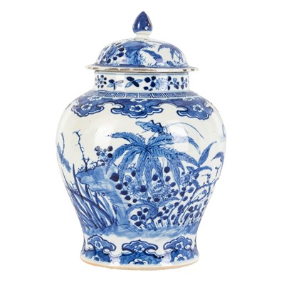 Lot 324 - A Chinese blue and white ‘floral’ jar and cover, Qing Dynasty, 19th century