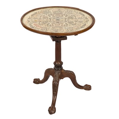 Lot 293 - A George III mahogany tilt top table inset stumpwork panel