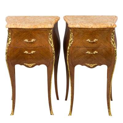 Lot 337 - A pair of Louis XV style marble topped kingwood bedside cabinets