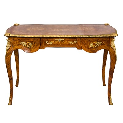 Lot 341 - A Louis XV style kingwood and marquetry bureau plat