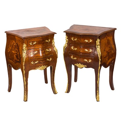 Lot 338 - A pair of Louis XV style marquetry inlaid walnut bedside cabinets