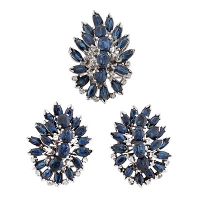 Lot 33 - A sapphire and diamond ring and earring suite