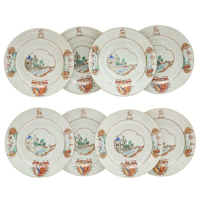 Lot 302 - Eight fine and rare Chinese export armorial dishes, Qing Dynasty, Qianlong period, circa 1745