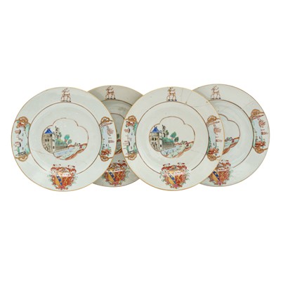 Lot 297 - Four fine and rare Chinese export armorial dishes, Qing Dynasty, Qianlong Period, circa 1745