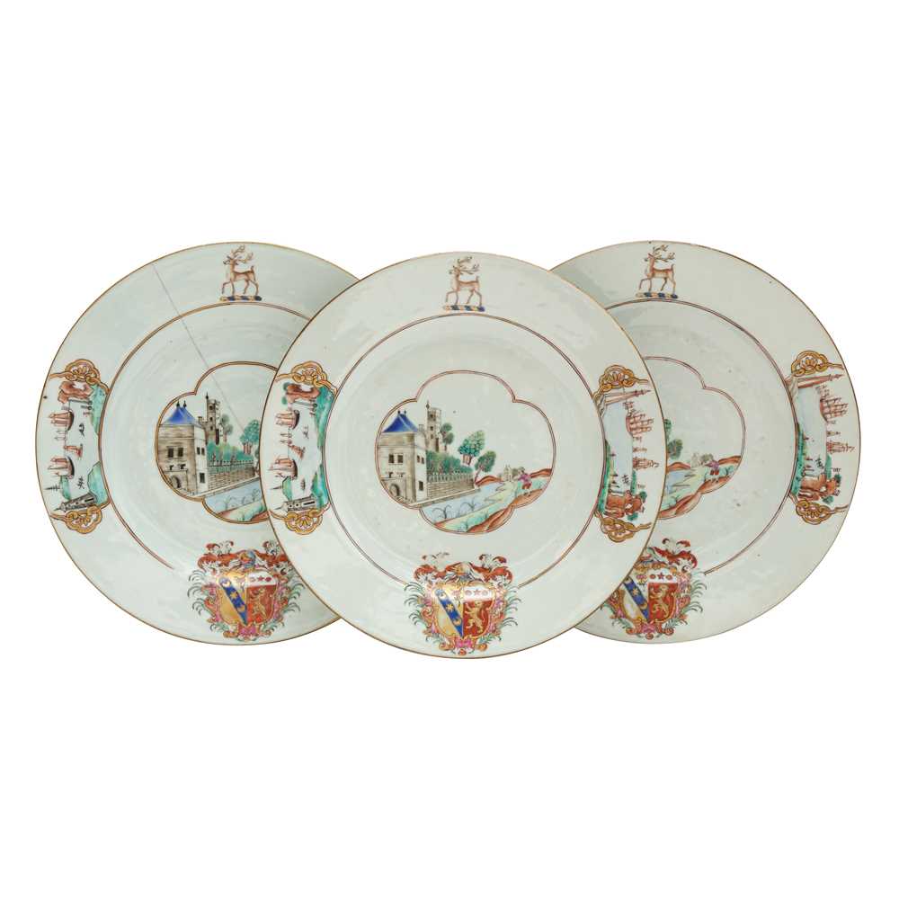 Lot 546 - Three fine and rare Chinese export armorial dishes, Qing Dynasty, Qianlong Period, circa 1745