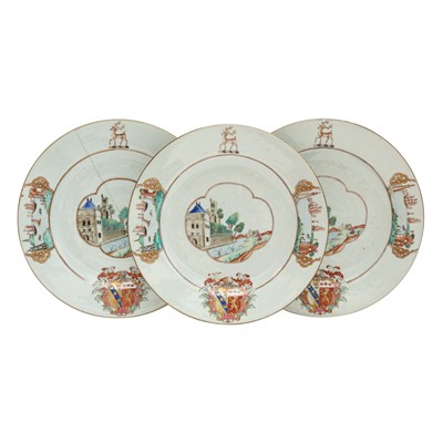 Lot 298 - Three fine and rare Chinese export armorial dishes, Qing Dynasty, Qianlong Period, circa 1745