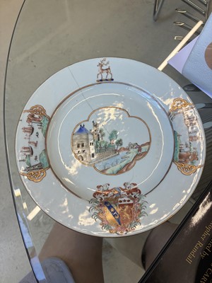 Lot 546 - Three fine and rare Chinese export armorial dishes, Qing Dynasty, Qianlong Period, circa 1745