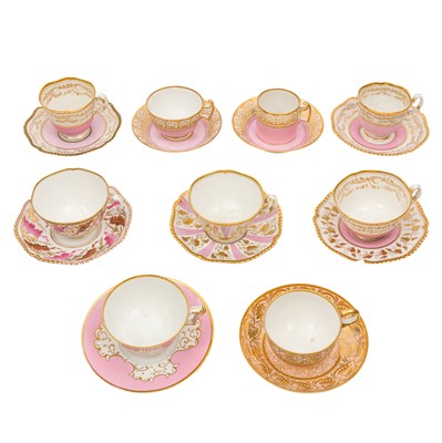 Lot 65 - Worcester porcelain, nine cups and saucers, circa 1792-1840, to include Flight Barr & Barr