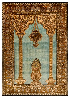Lot 102 - A very fine silk Qum prayer rug in souf style, Central Persia, approx: 156cm. x 107cm