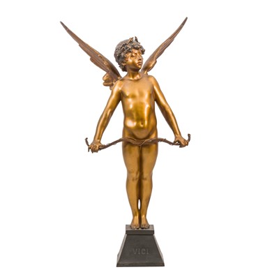 Lot 143 - After Auguste Moreau (French, 1834-1917), bronzed and gilded spelter figure of Cupid titled 'Vici'