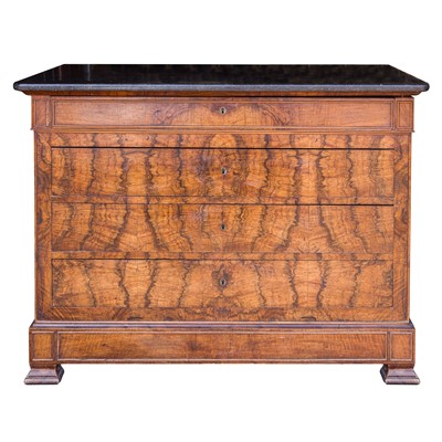 Lot 347 - A French Louis Philippe marble topped figured walnut commode