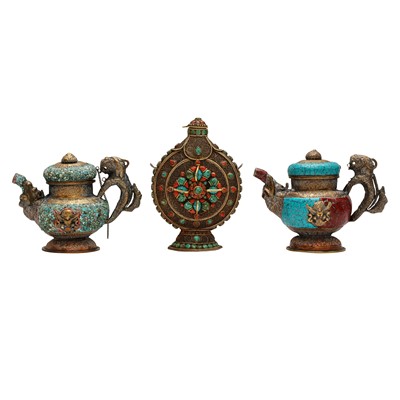 Lot 764 - A Himalayan stone-inset flask and two Ladakh teapots, 20th century