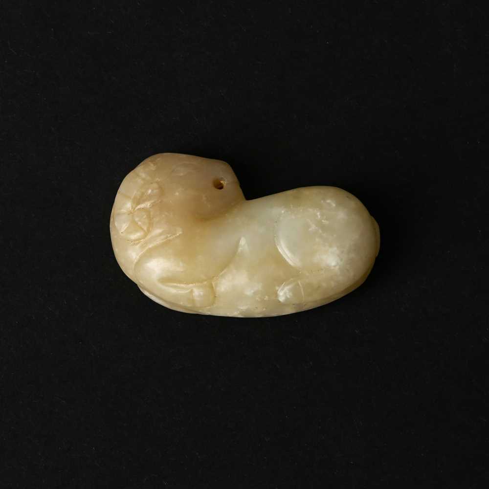 Lot 86 - A small Chinese celadon jade 'ram' carving, Qing Dynasty, 19th century