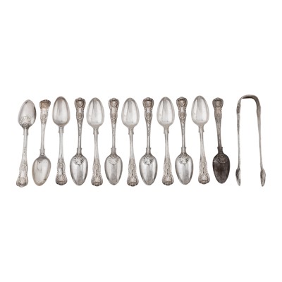 Lot 607 - A set of George IV sterling silver teaspoons and sugar tongs, London 1823 by William Eley and William Fearn