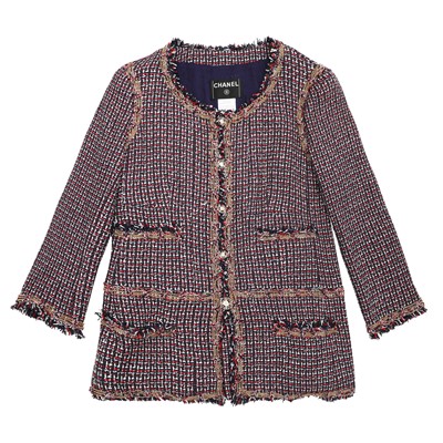 Lot 69 - Chanel Navy Boucle Chain Trim Collarless Jacket - Size 46