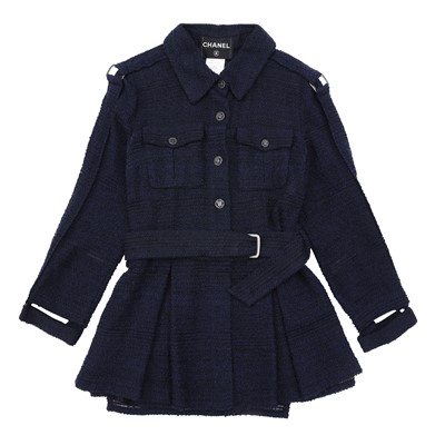 Lot 66 - Chanel Navy Silk Boucle Unstructured Military Jacket - Size 44
