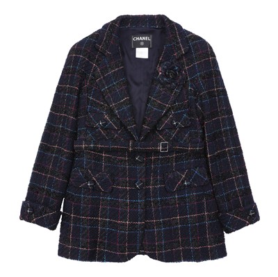 Lot 67 - Chanel Navy Wool Boucle Camellia Belted Jacket - Size 44