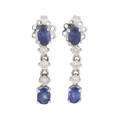 Lot 303 - A pair of sapphire pendant earrings