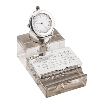 Lot 626 - An Edwardian sterling silver mounted glass combination inkwell, desk time piece and stamp box, Birmingham 1906 by John Grinsell and Sons