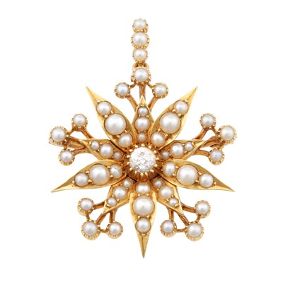 Lot 81 - A diamond and seed pearl brooch/pendant