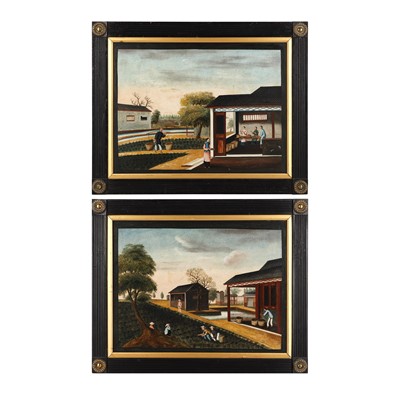 Lot 379 - Two Chinese export 'tea production' paintings, 19th century