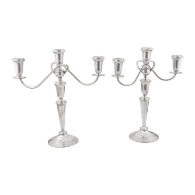 Lot 642 - A pair of mid-20th century American sterling silver three light candelabra, New York circa 1960 by Crown (est. 1955)
