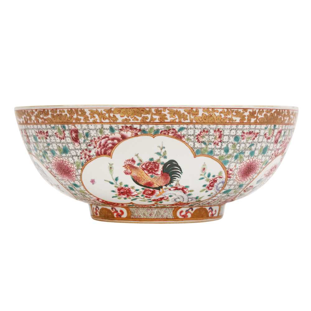 Lot 61 - A Chinese export famille-rose ‘rooster’ punch bowl, Qing dynasty, Yongzheng period