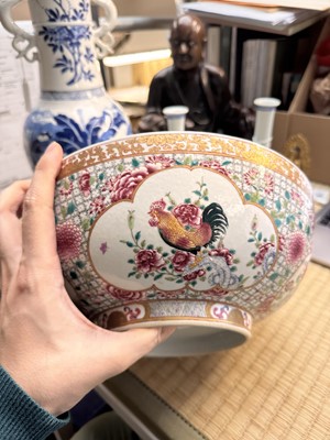 Lot 61 - A Chinese export famille-rose ‘rooster’ punch bowl, Qing dynasty, Yongzheng period