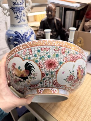 Lot 61 - A Chinese export famille-rose ‘rooster’ punch bowl, Qing dynasty, Yongzheng period