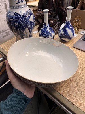 Lot 61 - A Chinese export famille-rose ‘rooster’ punch bowl, Qing dynasty, Yongzheng period