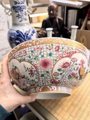 Lot 61 - A Chinese export famille-rose ‘rooster’ punch bowl, Qing dynasty, Yongzheng period