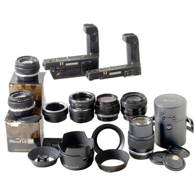 Lot 340 - 24mm Olympus Zuiko Lens & OM Camera Accessories.
